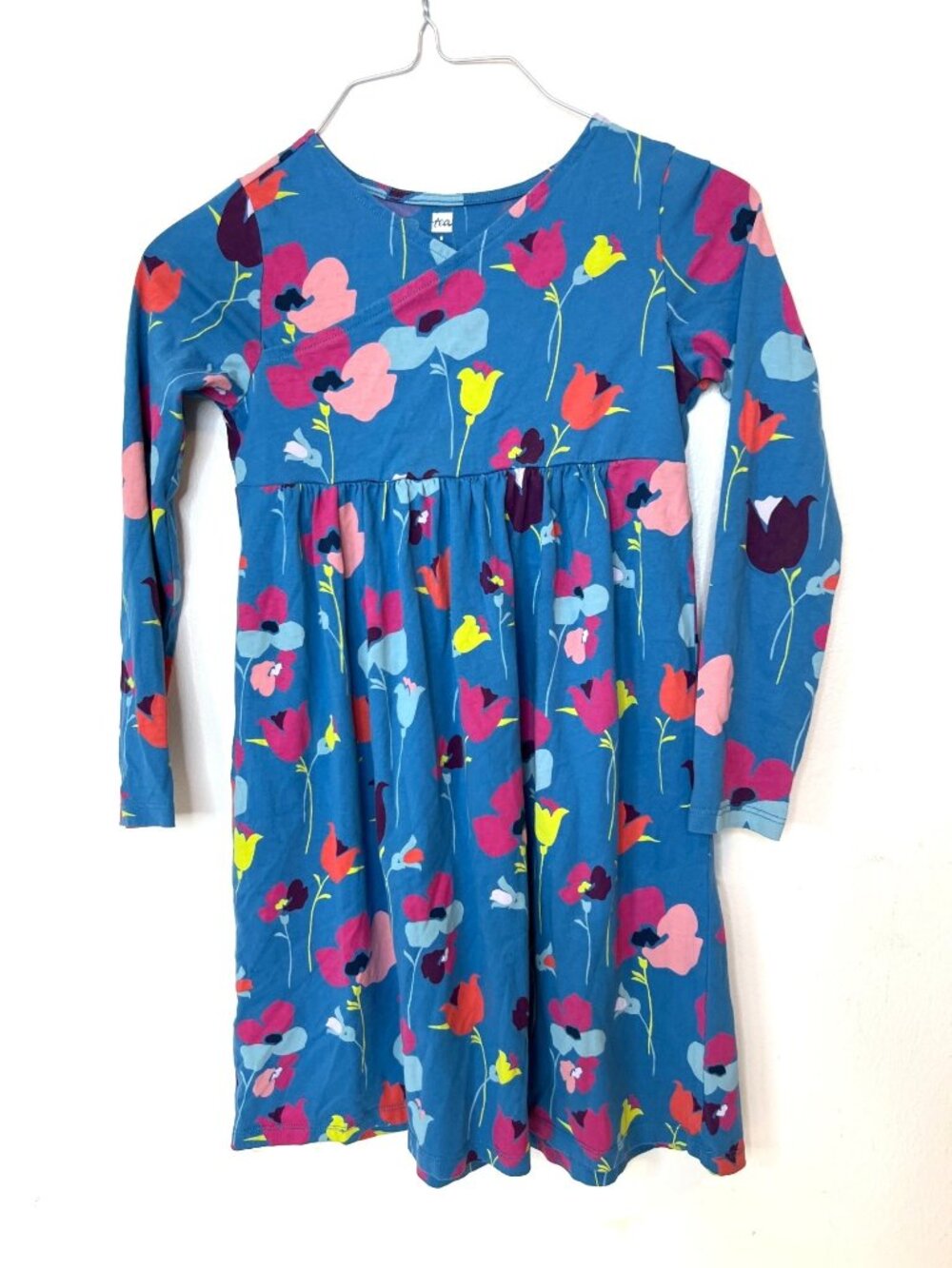 TEA Girls Dress Size 8 Blue Parade of Flowers Print Whimsical Floral